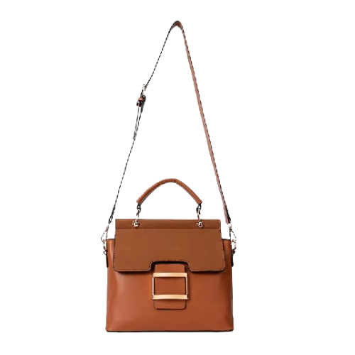 Alvera Wear Tan Brown Buckle Accent Satchel Crossbody Handbag