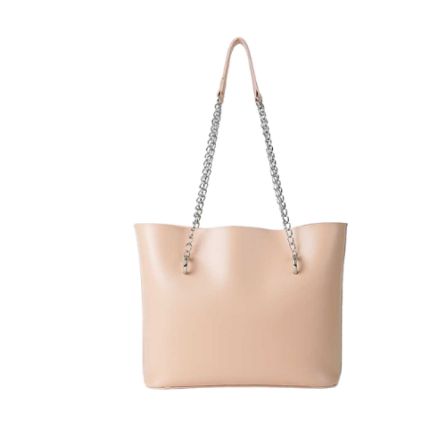 Alvera Wear Light Beige Leather Tote Bag with Silver Chain Straps