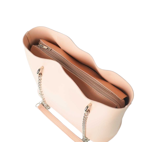 Alvera Wear Light Beige Leather Tote Bag with Silver Chain Straps
